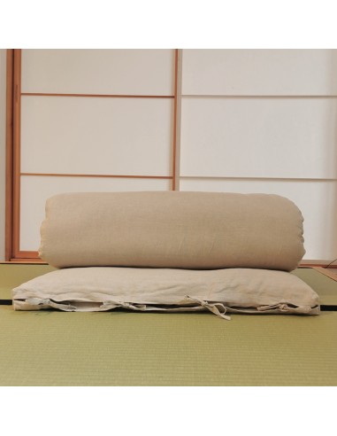 Futon with bed linen organic linen rolled on tatami
