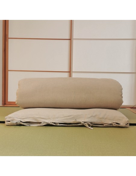 Futon with bed linen organic linen rolled on tatami