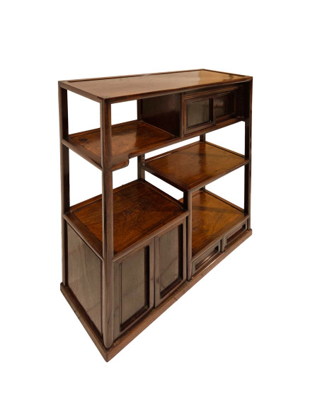 Japanisches Teeregal aus Holz Traditionelles Chaschitsu-Regal Asiatisches Massivholzregal Dunkelbraunes Teemöbel Sato