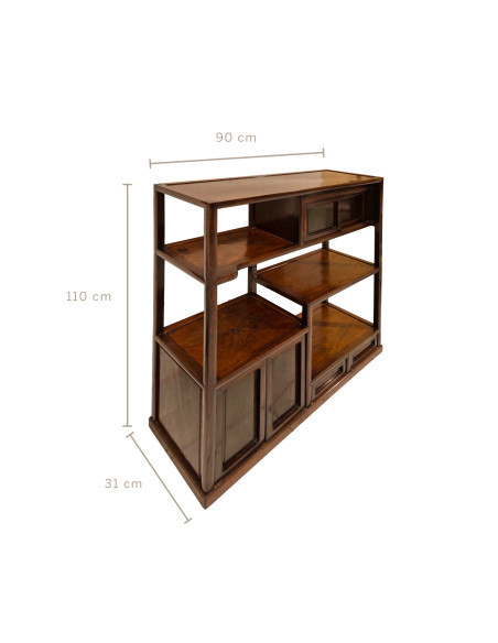 Japanisches Teeregal aus Holz Traditionelles Chaschitsu-Regal Asiatisches Massivholzregal Dunkelbraunes Teemöbel Sato