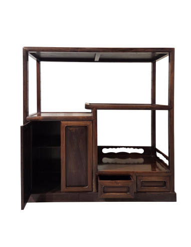 Japanisches Teeregal aus Holz Traditionelles Chaschitsu-Regal Asiatisches Massivholzregal Dunkelbraunes Teemöbel Sato