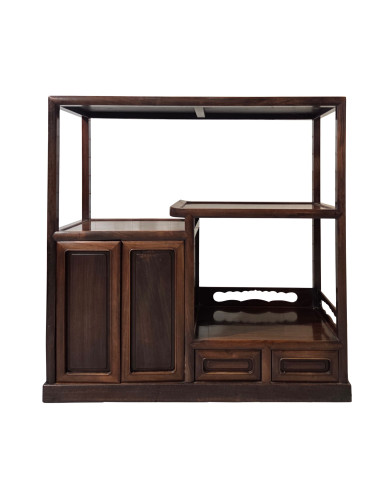 Japanisches Teeregal aus Holz Traditionelles Chaschitsu-Regal Asiatisches Massivholzregal Dunkelbraunes Teemöbel Sato