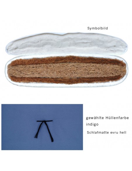 Sato Futo Vegan upholstered mat indigo with sleeping mat firm, content coconut core, coconut fibres and cottonlle