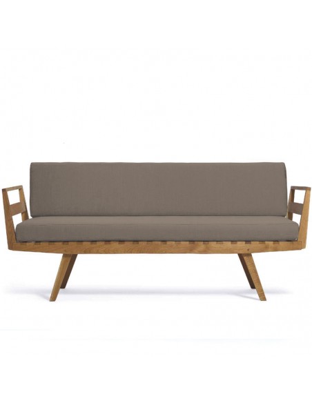Sofa Daybed mit Armlehnen, Gestell Massivholz Eiche geölt, Überzug Farbe grau-braun Leinen Baumwolle, abziehbar und waschbar Sofa Daybed mit Armlehnen, Gestell Massivholz Eiche geölt, Überzug Farbe grau-braun Leinen Baumwolle, abziehbar und waschbar
