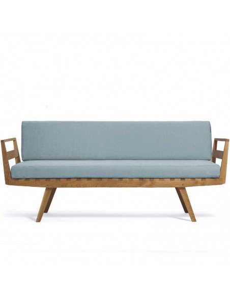 Sofa Daybed mit Armlehnen, Gestell Massivholz Eiche geölt, Überzug Farbe blaugrau Leinen Baumwolle, abziehbar und waschbar