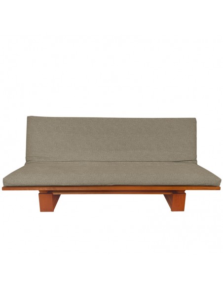 Schlafsofa Sofa Hana classic, Sato Design, Massivholz Kirschbaum, Überzug grau braun in Leinen Baumwolle Fronansicht