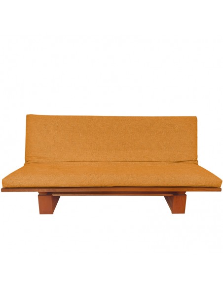 Schlafsofa Sofa Hana classic, Sato Design, Massivholz Kirschbaum, Überzug hellorange in Leinen Baumwolle Fronansicht