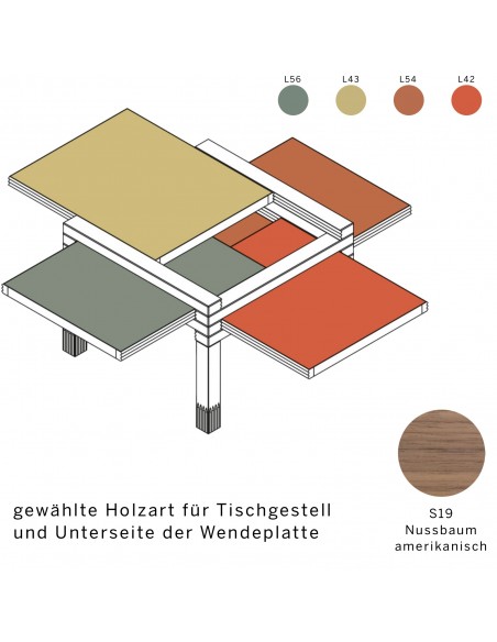 Bestelltisch mit Wendeplatte, Holzart ist S19 Nussbaum amerikanisch, Wendeplatte in den Farben L56, L43, L54 und L42.