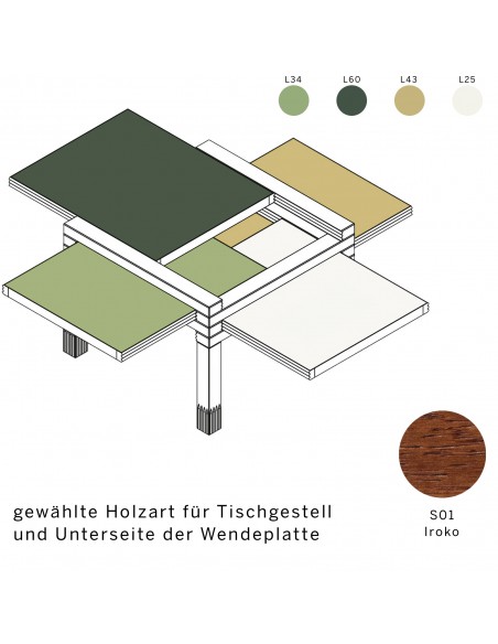 Bestelltisch mit Wendeplatte, Holzart ist S01 Iroko, Wendeplatte in den Farben L34, L60, L43 und L25.
