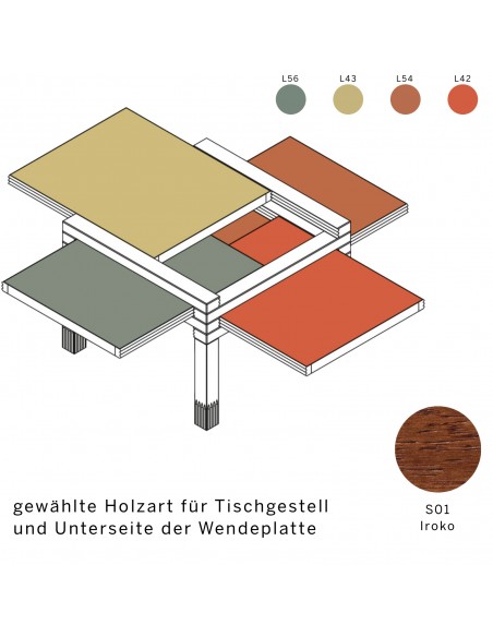 Beistelltisch MiniPar4 mit Wendeplatte, Holzart ist S01 Iroko, Wendeplatte in den Farben L56, L43, L54 und L42.