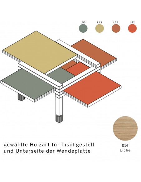 MiniPar4 side table with reversible top, wood type is S16 Oak reversible top in the colours L56, L43, L54 and L42.