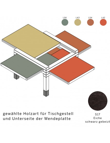 Beistelltisch MiniPar4 mit Wendeplatte, Holzart  ist S17 Eiche schwarz gebeizt, Wendeplatte in den Farben L56, L43, L54 und L42.