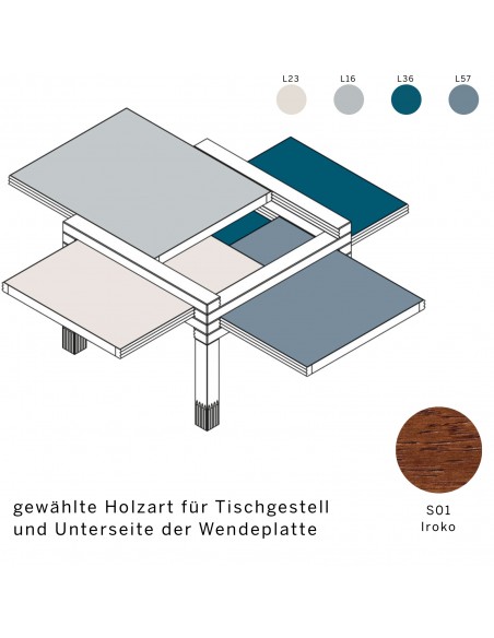 Beistelltisch MiniPar4 mit Wendeplatte, Holzart ist S01Iroko, Wendeplatte in den Farben L23, L16, L36 und L57.