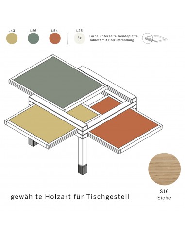 Par3 side table with reversible top, wood type is S16 Oak reversible top in the colours L56, L43, L54 and L42.