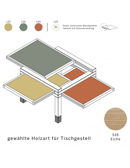 Bestelltisch Par3 mit Wendeplatte, Holzart ist S16 Eiche, Wendeplatte in den Farben L56, L43, L54 und L42.