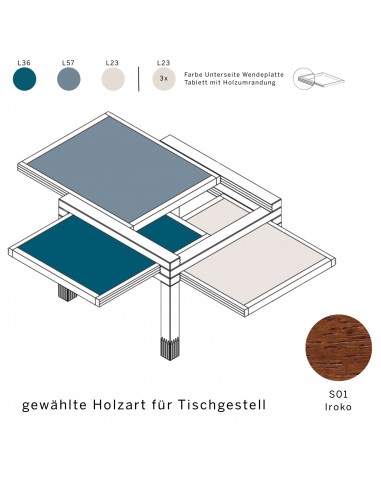 Bestelltisch Par3 mit Wendeplatte, Holzart ist S01Iroko, Wendeplatte in den Farben L23, L16, L36 und L57.