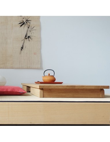 Folding table, tea table, relaxation room, zabuton, Noren mural, handmade washi lamp Japan.