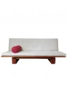 Hana classic sofa bed, Sato Design, solid cherry wood, écru cover with pink arm rollers, front view