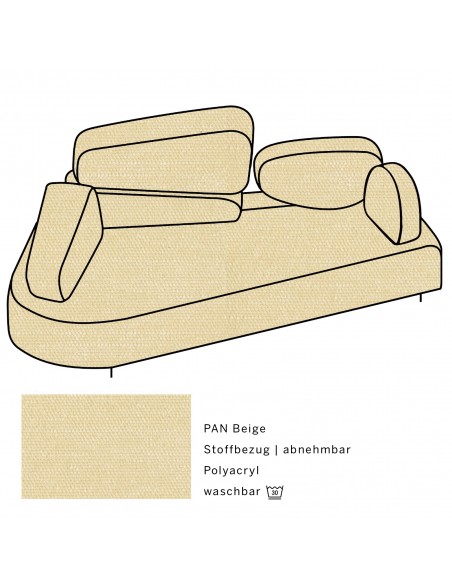 Mosspink Brühl sofa, backrest module and covers are removable. Fabric cover PAN beige, armrest left