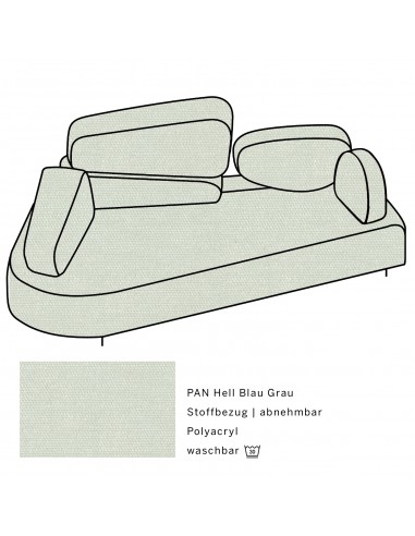 Mosspink Brühl sofa, backrest module and covers are removable. Fabric cover PAN light blue gray, armrest left
