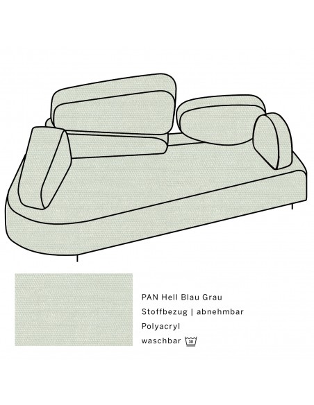 Mosspink Brühl sofa, backrest module and covers are removable. Fabric cover PAN light blue gray, armrest left Mosspink Brühl sofa, backrest module and covers are removable. Fabric cover PAN light blue gray, armrest left