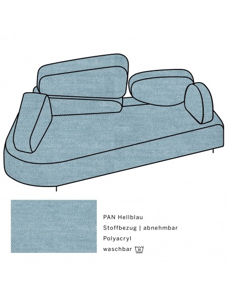 Mosspink Brühl sofa, backrest module and covers are removable. Fabric cover PAN light blue, armrest left Mosspink Brühl sofa, backrest module and covers are removable. Fabric cover PAN light blue, armrest left