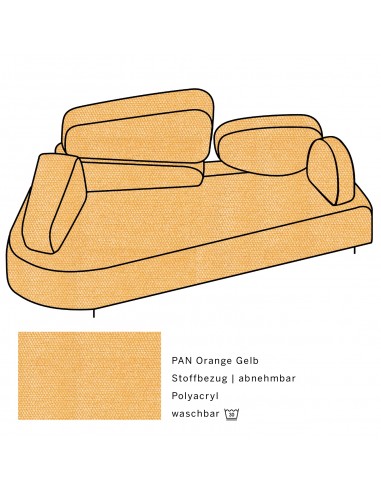 Mosspink Brühl sofa, backrest module and covers are removable. Fabric cover PAN orange yellow, armrest left