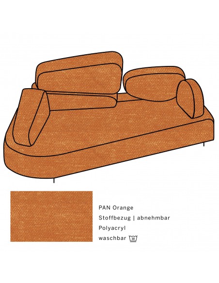 Mosspink Brühl sofa, backrest module and covers are removable. Fabric cover PAN orange, armrest left Mosspink Brühl sofa, backrest module and covers are removable. Fabric cover PAN orange, armrest left