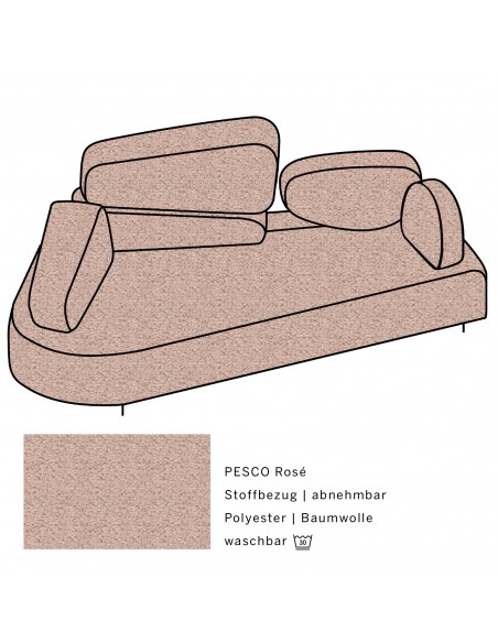Mosspink Brühl sofa, backrest module and covers are removable. Fabric cover PESCO rose, armrest left Mosspink Brühl sofa, backrest module and covers are removable. Fabric cover PESCO rose, armrest left