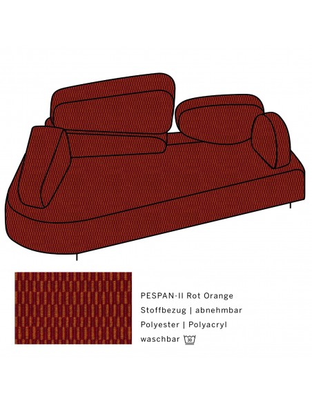 Mosspink Brühl sofa, backrest module and covers are removable. Fabric cover PESPAN-II red orange, armrest left