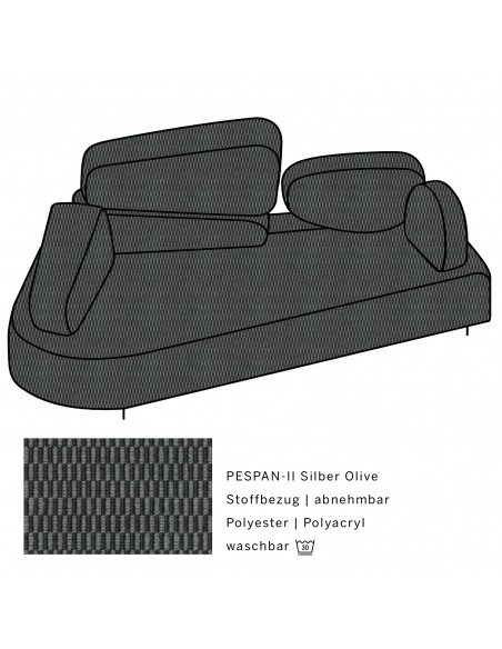 Mosspink Brühl sofa, backrest module and covers are removable. Fabric cover PESPAN-II silver olive, armrest left Mosspink Brühl sofa, backrest module and covers are removable. Fabric cover PESPAN-II silver olive, armrest left