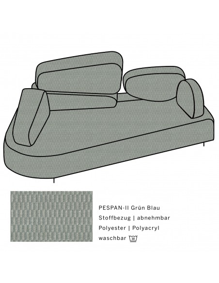 Mosspink Brühl sofa, backrest module and covers are removable. Fabric cover PESPAN-II green blue, armrest left Mosspink Brühl sofa, backrest module and covers are removable. Fabric cover PESPAN-II green blue, armrest left