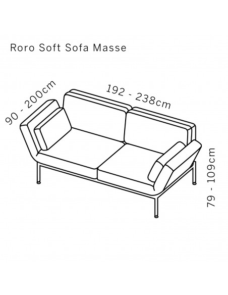 Roro Soft Brühl Sofa Skizze mit Massangaben.