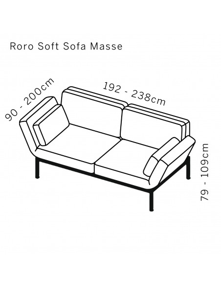 Roro Soft Brühl Sofa Skizze mit Massangaben.