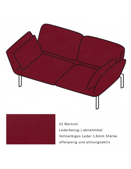 Roro Medium Brühl Sofa, multifunktional, Metallgestell verchromt glänzend, Brühl Stoffbezug U1 weinrot | Leder