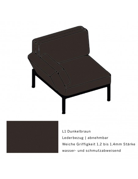 Roro Soft armchair, multifunctional, black powder-coated metal frame, removable L1 dark brown cover, swivel seat on the left.