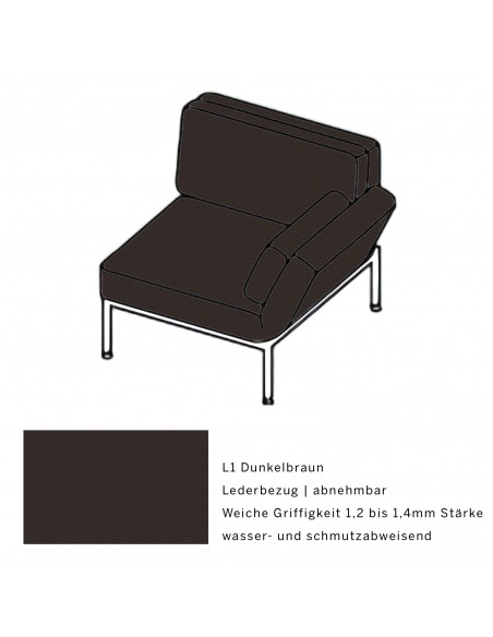 Roro Soft armchair, multifunctional, shiny chrome-plated metal frame, removable L1 dark brown cover, swivel seat on the right.