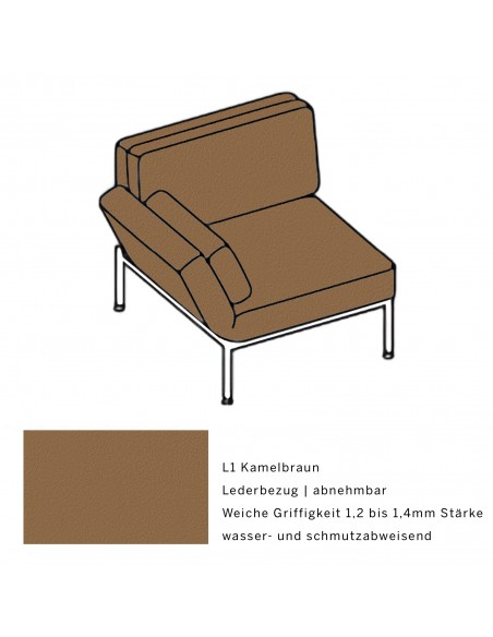 Roro Soft armchair, multifunctional, shiny chrome-plated metal frame, removable cover L1 camel brown, swivel seat left.