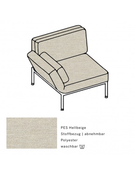 Roro Soft armchair, multifunctional, shiny chrome-plated metal frame, removable light beige PES cover, swivel seat on the left.