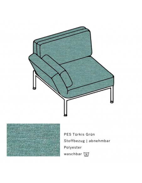 Roro Soft armchair, multifunctional, shiny chrome-plated metal frame, cover PES turquoise green removable, swivel seat left.
