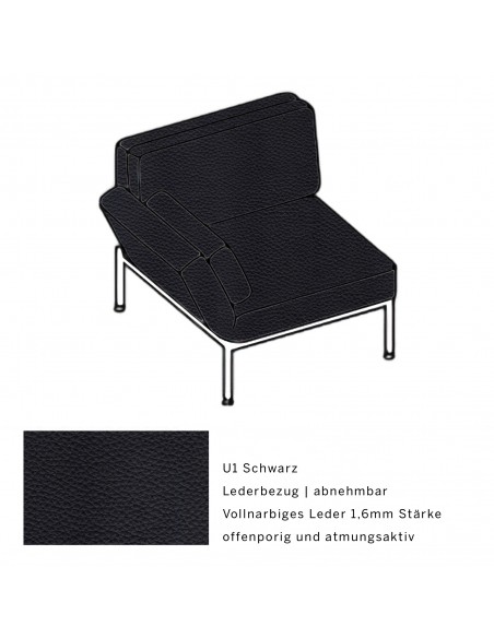 Roro Soft armchair, multifunctional, shiny chrome-plated metal frame, removable black U1 cover, swivel seat on the left.