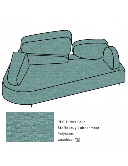 Mosspink Brühl sofa, backrest module and covers are removable. Fabric cover PES turquoise green, armrest left