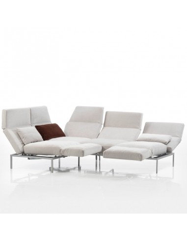 Brühlsofa roro soft, multifunctional, white leather, corner combination, headrests and leg rests raised.