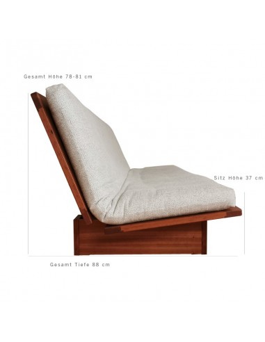 Sofa bed Hana classic, solid cherry wood, écru cover with pink arm rollers, side view with dimensions