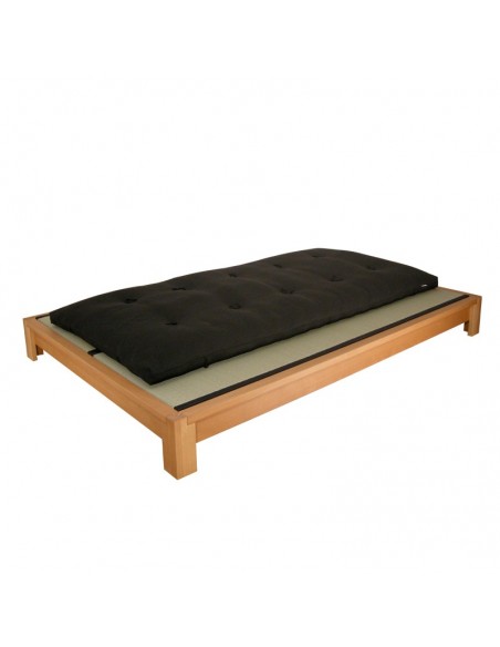 Sato bed Kobito in oiled copper beech, bed contents tatami, futon with black cover
